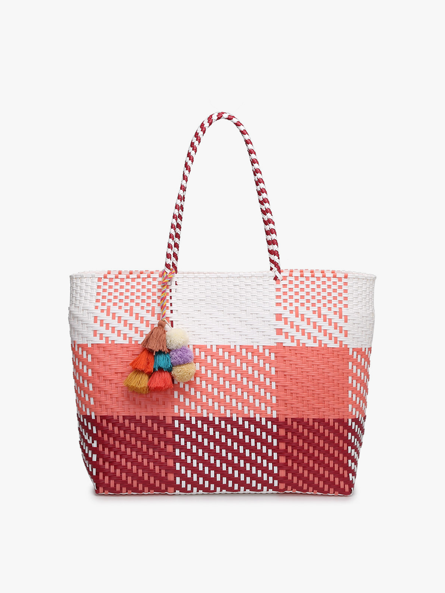 Shelby Handwoven Tote Plaid-Pink White - Jen & Co. vegan handbag