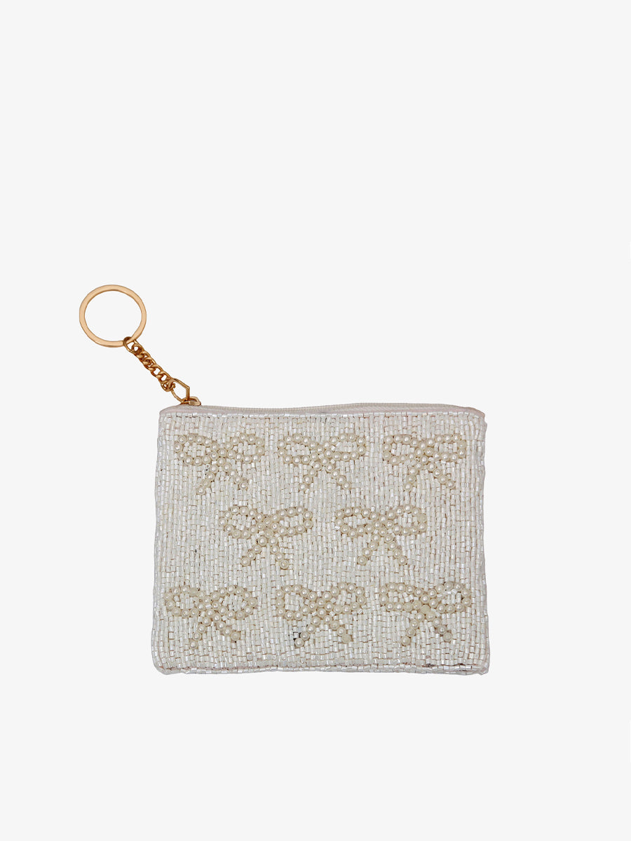 Ricki Beaded Coin Pouch Bows White - Jen & Co. vegan handbag