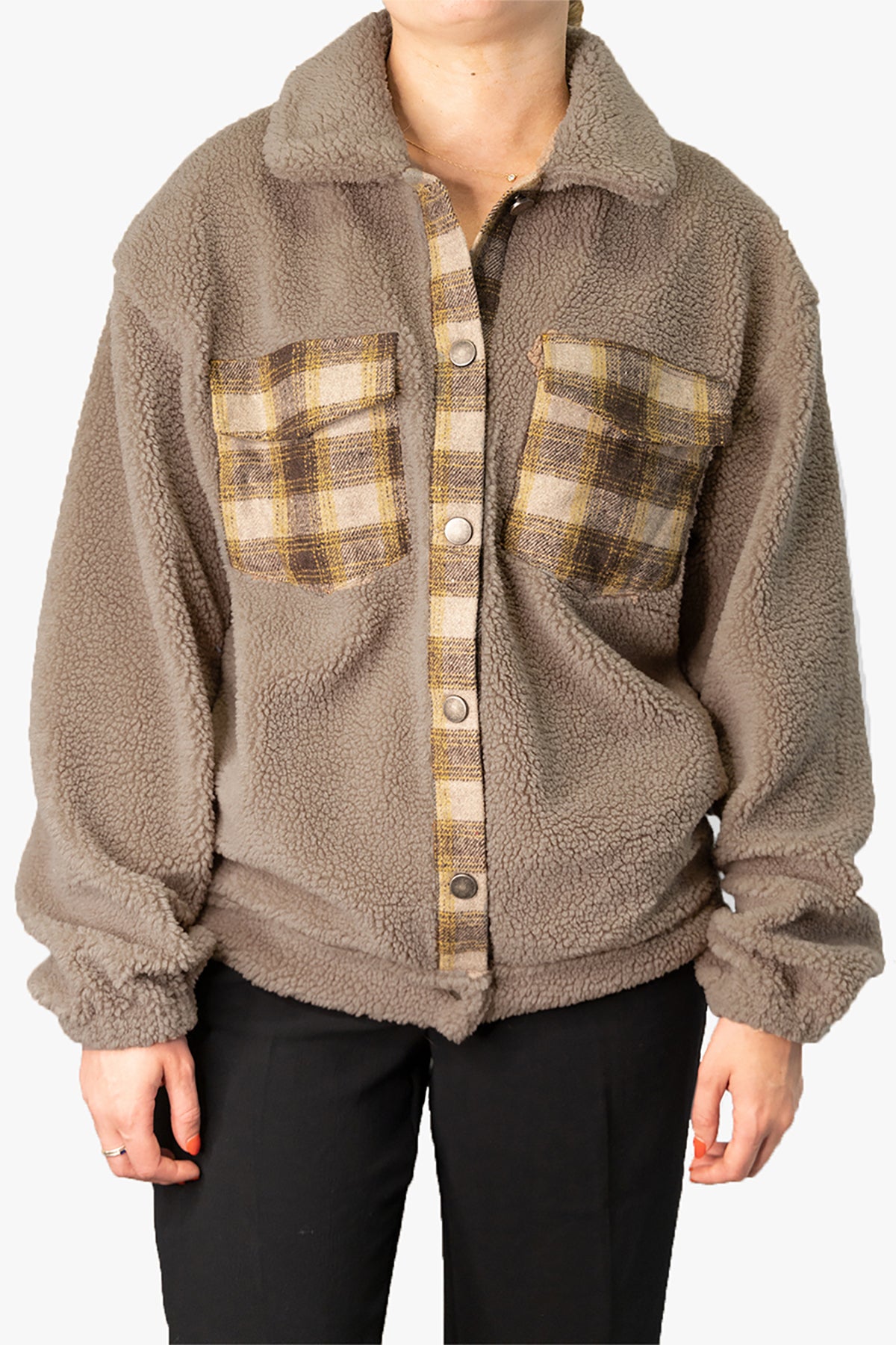 Dora Plaid Accent Shacket Taupe - Jen & Co. vegan handbag