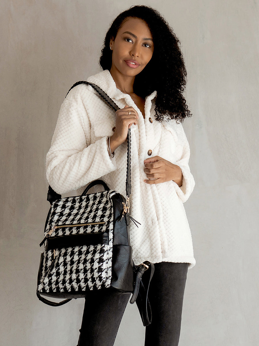 Amelia Vegan Houndstooth Backpack - Jen & Co. vegan handbag