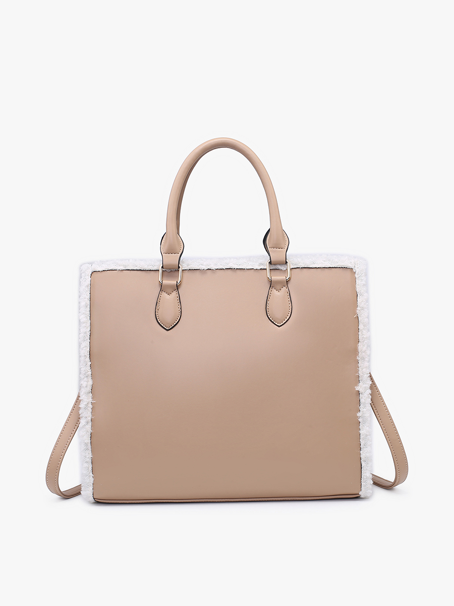 Bevin Vegan Sherpa Trim Tote Off White Taupe - Jen & Co. vegan handbag
