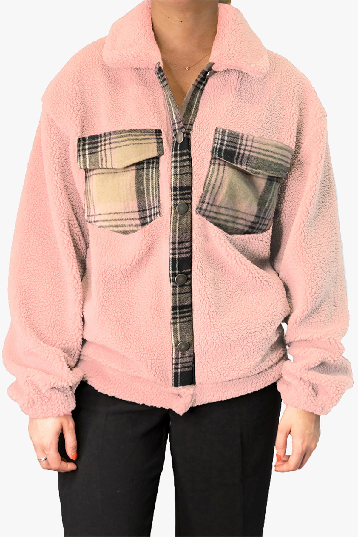 Dora Plaid Accent Shacket Pink - Jen & Co. vegan handbag