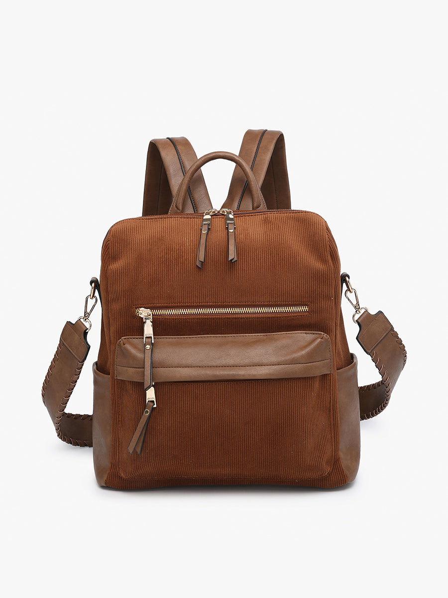 Amelia Corduroy Backpack Brown - Jen & Co. vegan handbag