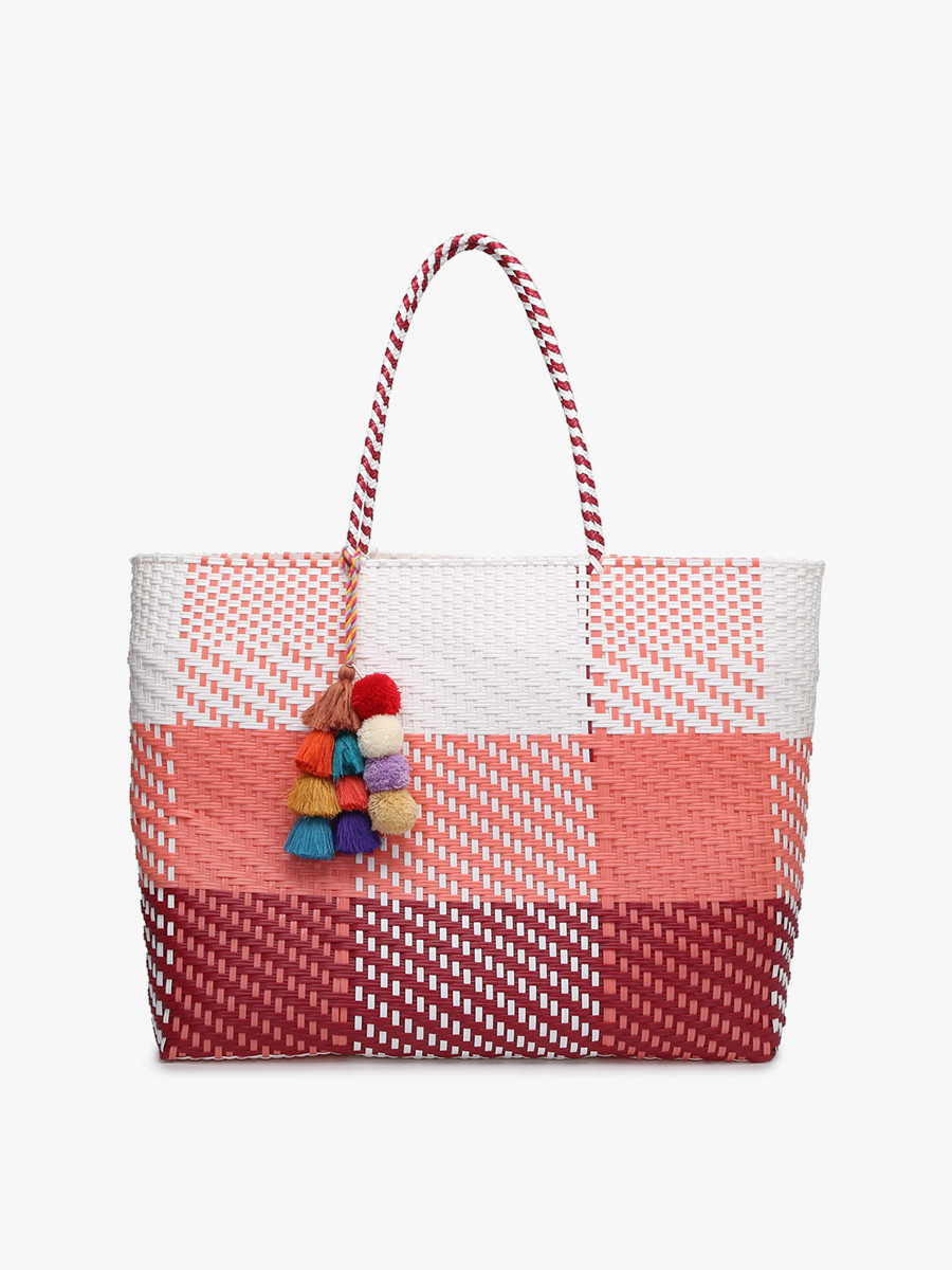Allie Woven Tote Plaid-Pink White - Jen & Co. vegan handbag