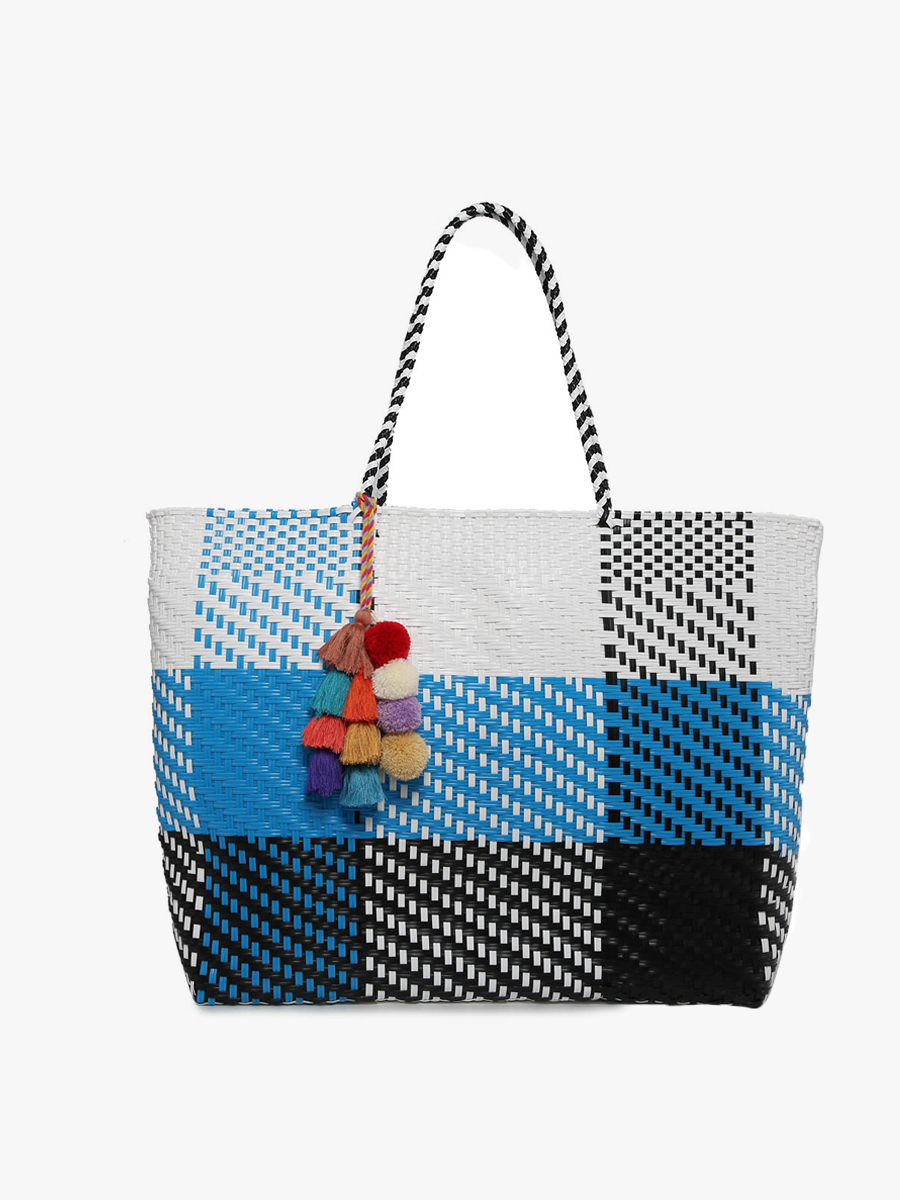 Allie Woven Tote Plaid-Blue White - Jen & Co. vegan handbag