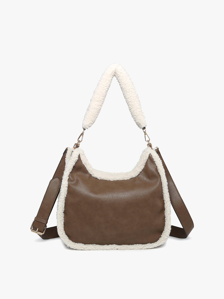 Reece Vegan Sherpa Trim Satchel Brown - Jen & Co. vegan handbag