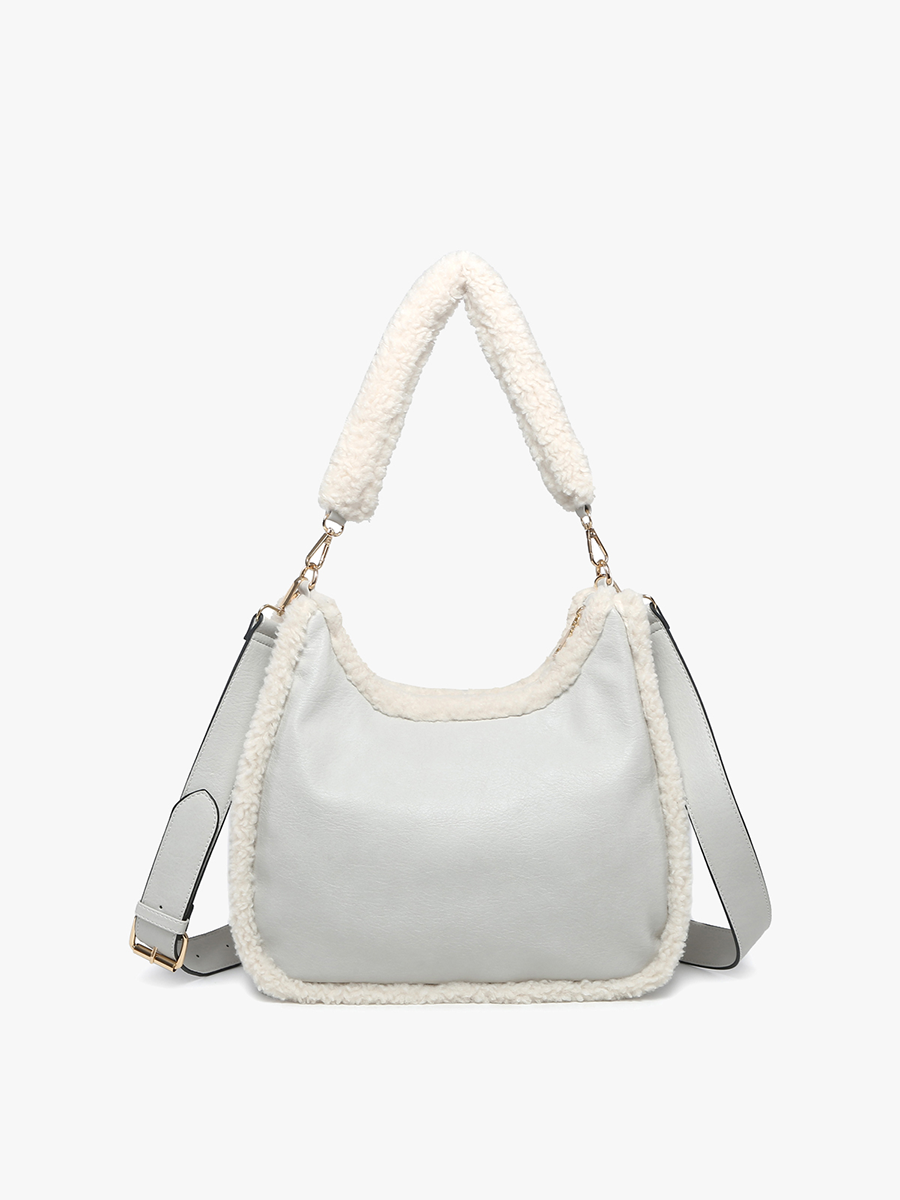Reece Vegan Sherpa Trim Satchel Lt. Grey - Jen & Co. vegan handbag