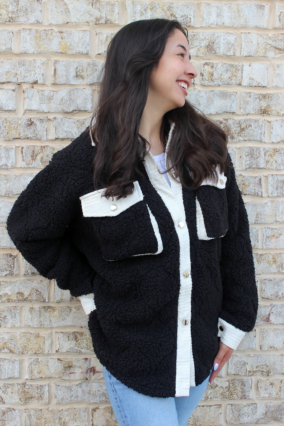 Myrtle Sherpa/Tweed Shacket Black S M - Jen & Co. vegan handbag