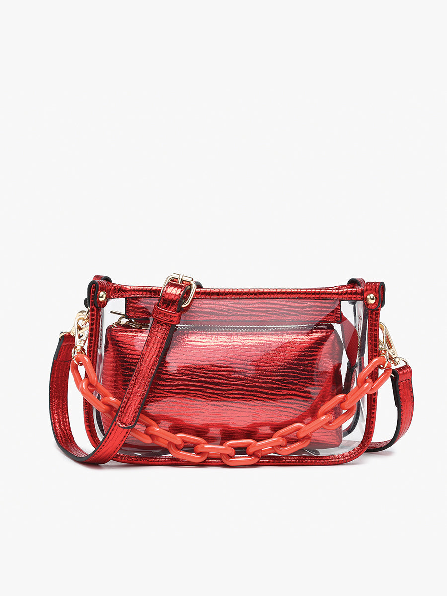 Jessica Vegan Clear Crossbody Metallic Red - Jen & Co. vegan handbag