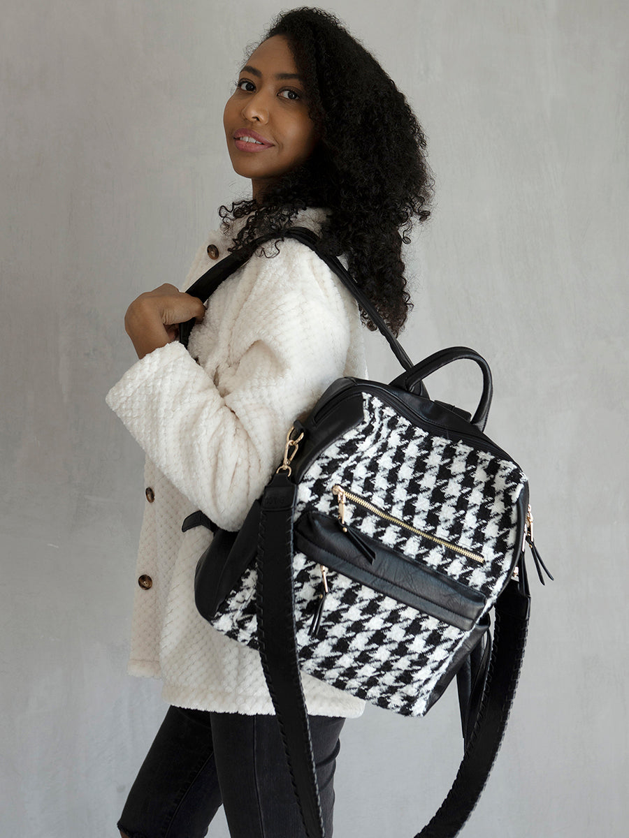 Amelia Vegan Houndstooth Backpack - Jen & Co. vegan handbag