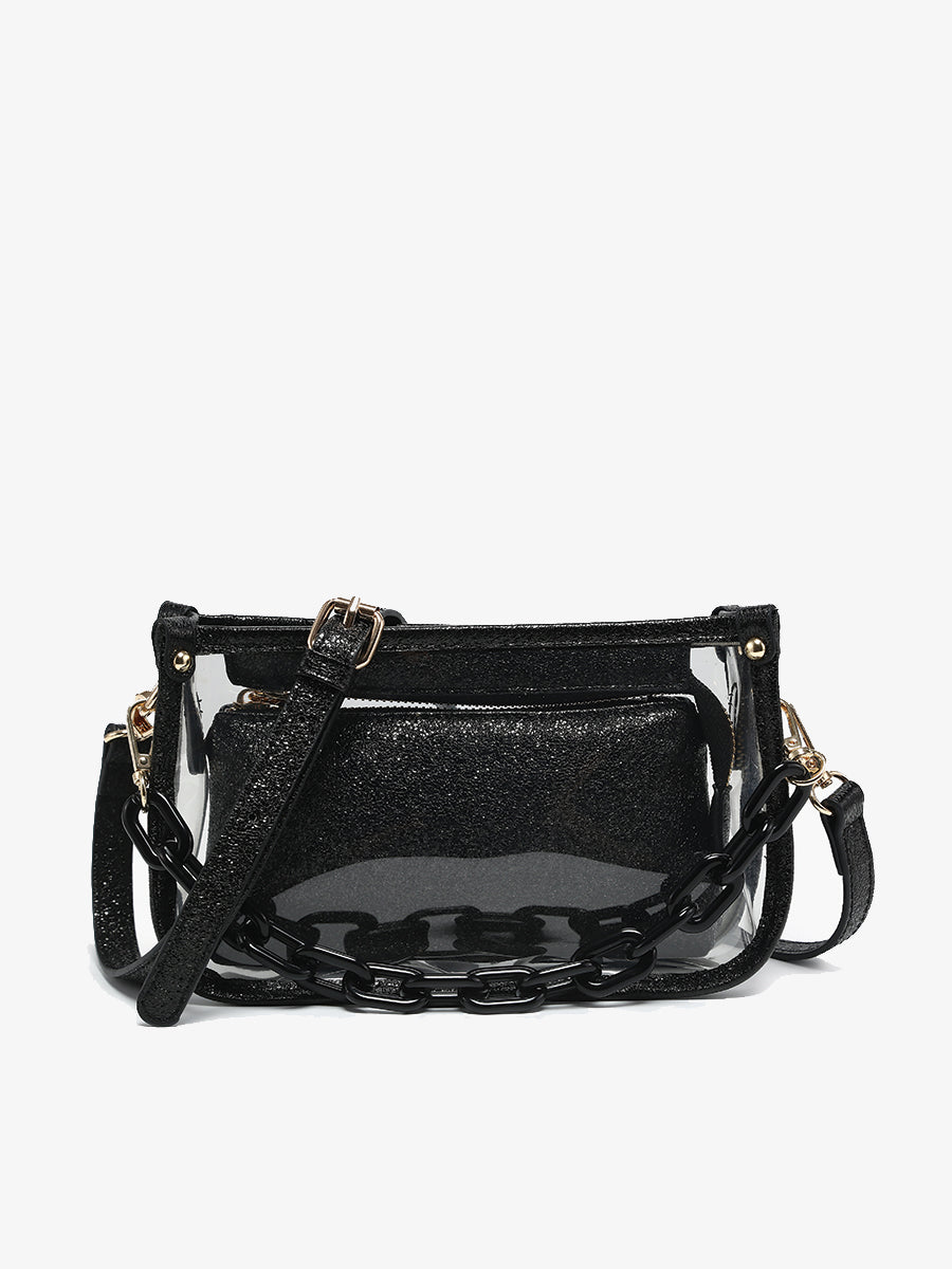 Jessica Vegan Clear Crossbody Glitter-Black - Jen & Co. vegan handbag