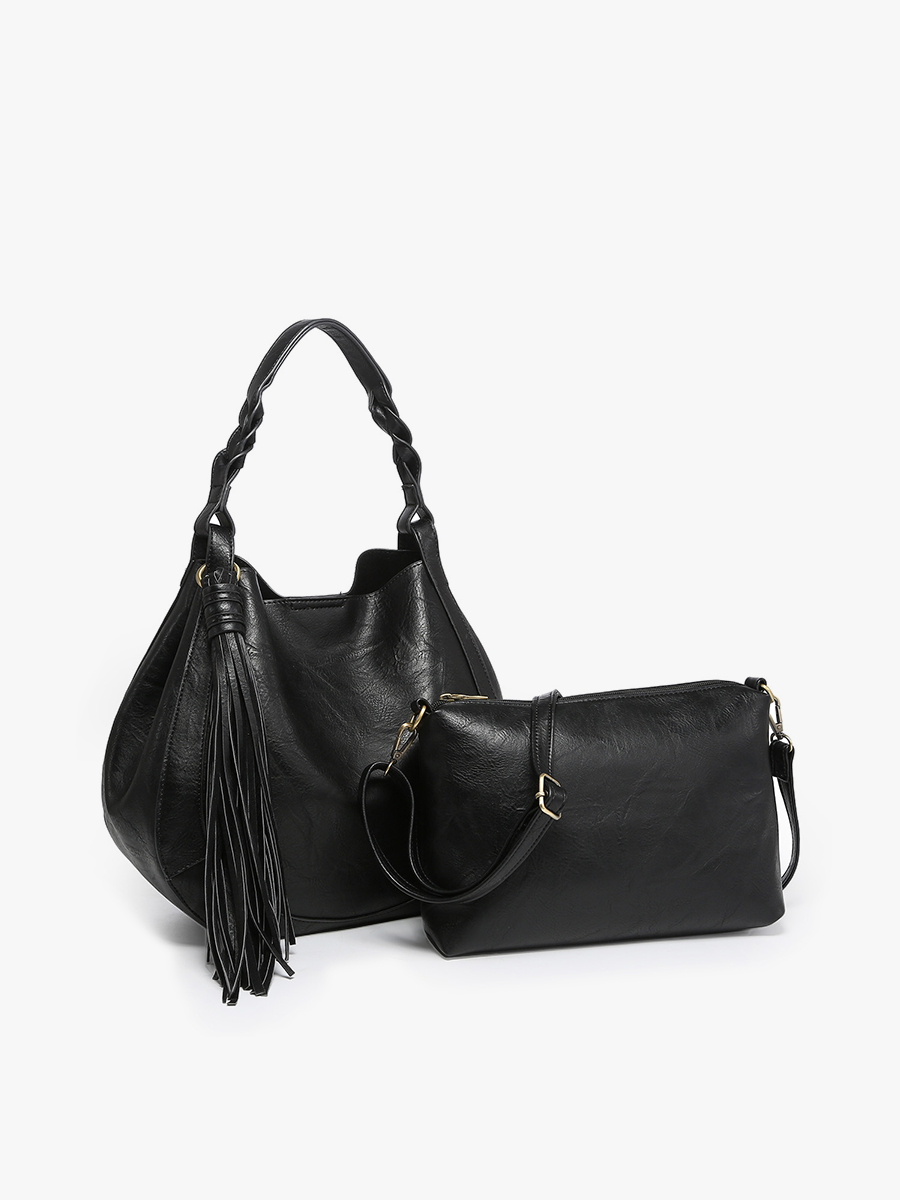 Eloise Vegan Large Tassel Hobo Black - Jen & Co. vegan handbag