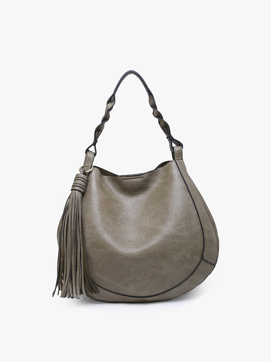 Eloise Vegan Large Tassel Hobo Lt. Olive - Jen & Co. vegan handbag