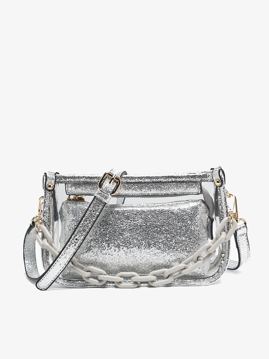 Jessica Vegan Clear Crossbody Glitter-Silver - Jen & Co. vegan handbag